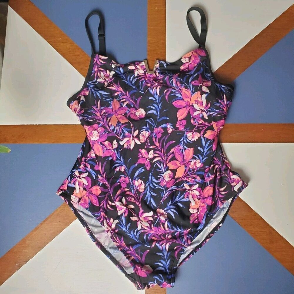 Calvin Klein One Piece Swimsuit Women 16 Pink Purple Black Floral Beach Tropical